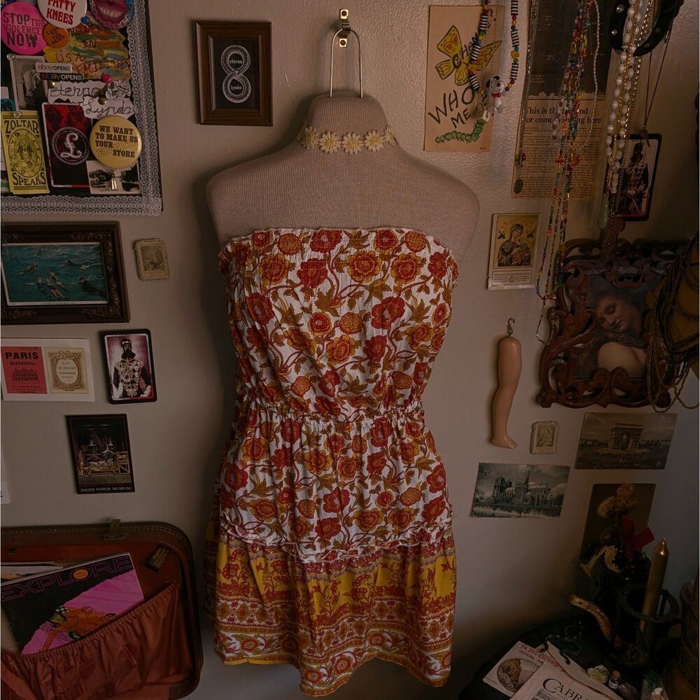 Floral Patterned Mini Tube Dress Women's Small Orange White Strapless Boho - Picture 1 of 9